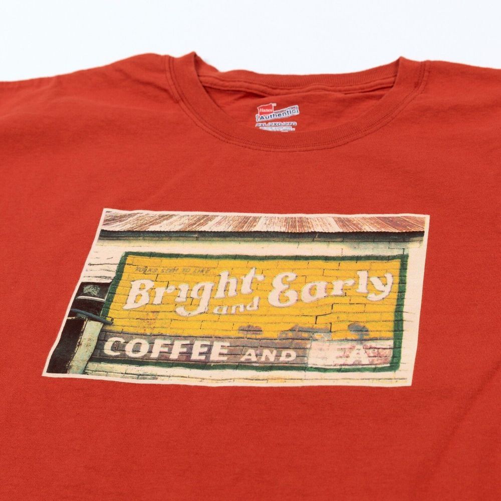Vintage Bright & Early Coffee‎ Tea Photo T-Shirt 2XL Rust Graphic Retro EUC